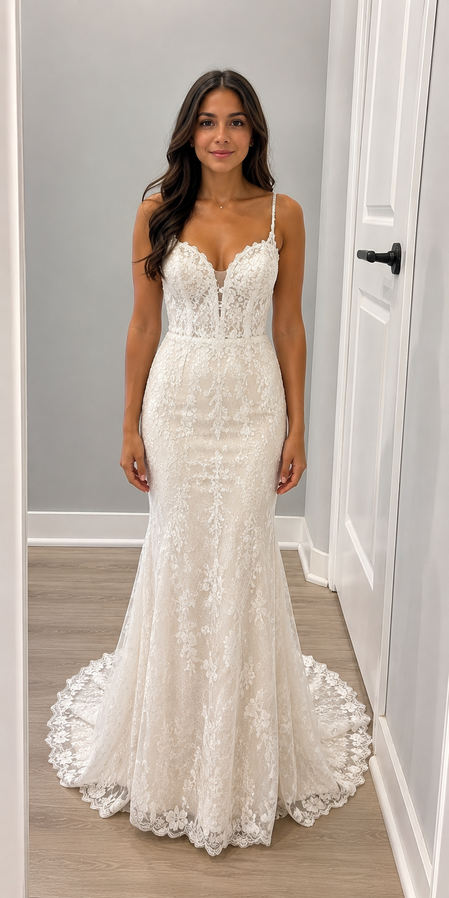 Bridal gown — lace mermaid wedding dress fitting